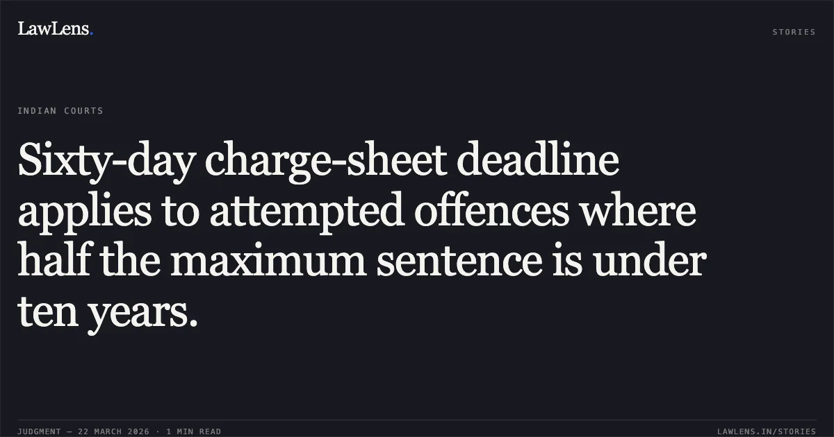 Sixty-day charge-sheet deadline applies to attempted offences where half the maximum sentence is under ten years.. Sri Tanka Prasad Newar vs The State Of Assam And Anr. Gauhati High Court. LawLens