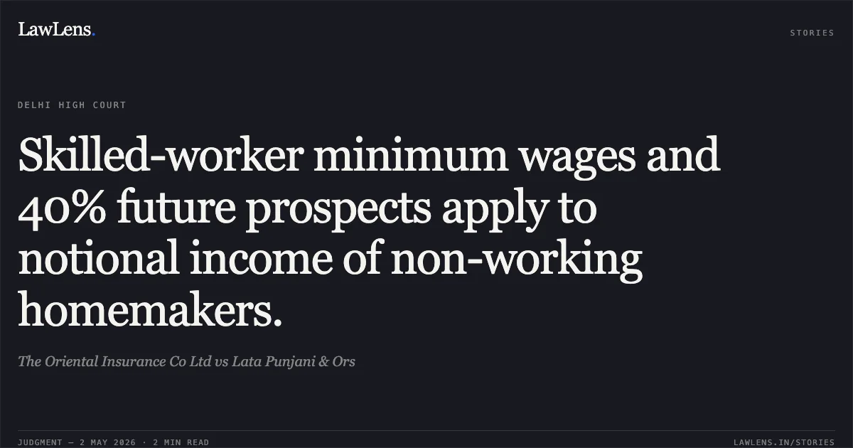 Skilled-worker minimum wages and 40% future prospects apply to notional income of non-working homemakers.. The Oriental Insurance Co Ltd vs Lata Punjani & Ors. Delhi High Court. LawLens