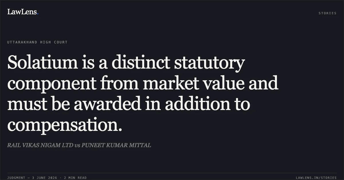 Solatium is a distinct statutory component from market value and must be awarded in addition to compensation.. RAIL VIKAS NIGAM LTD vs PUNEET KUMAR MITTAL. Uttarakhand High Court. LawLens