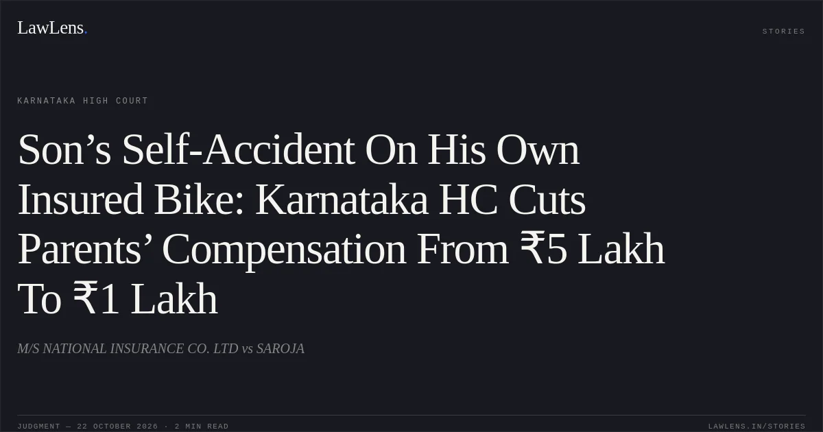 Son’s Self-Accident On His Own Insured Bike: Karnataka HC Cuts Parents’ Compensation From ₹5 Lakh To ₹1 Lakh. M/S NATIONAL INSURANCE CO. LTD vs SAROJA. Karnataka High Court. LawLens