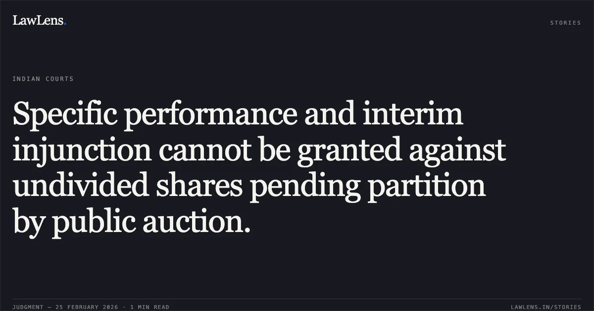 Specific performance and interim injunction cannot be granted against undivided shares pending partition by public auction.. Surinder Pal Chawla & Anr. v. Pradeep Prakash Sachdev [CS(OS) 928/2025]. Delhi High Court. LawLens