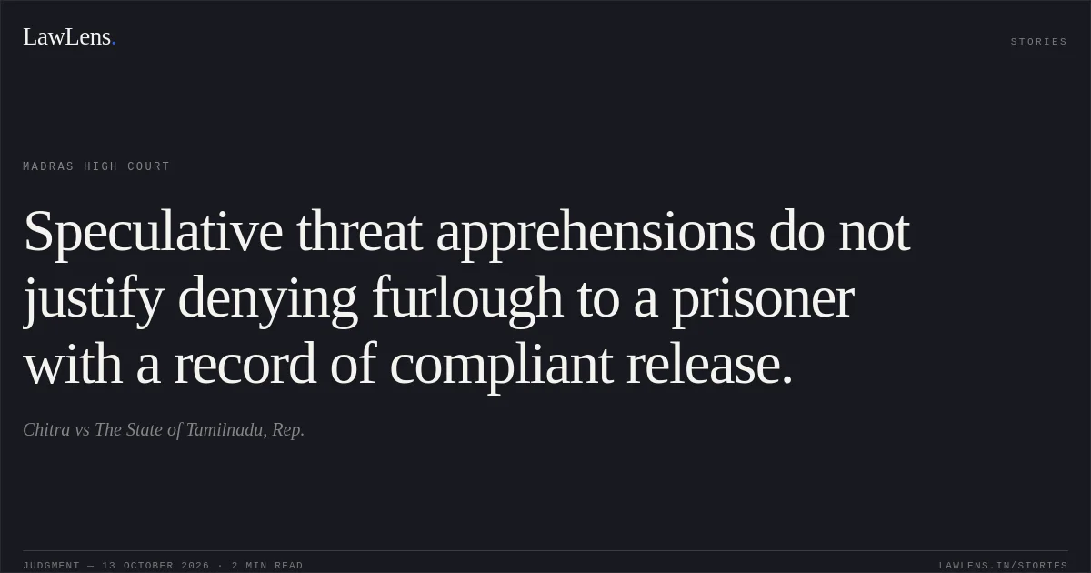 Speculative threat apprehensions do not justify denying furlough to a prisoner with a record of compliant release.. Chitra vs The State of Tamilnadu, Rep.. Madras High Court. LawLens