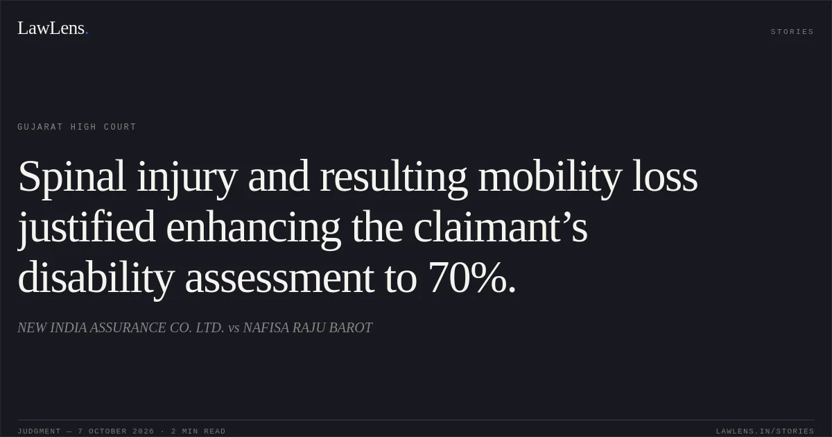 Spinal injury and resulting mobility loss justified enhancing the claimant’s disability assessment to 70%.. NEW INDIA ASSURANCE CO. LTD. vs NAFISA RAJU BAROT. Gujarat High Court. LawLens