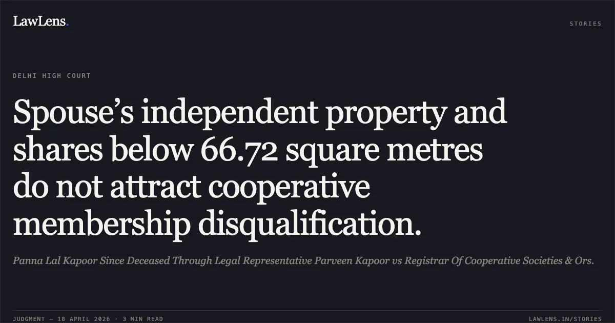 Spouse’s independent property and shares below 66.72 square metres do not attract cooperative membership disqualification.. Panna Lal Kapoor Since Deceased Through Legal Representative Parveen Kapoor vs Registrar Of Cooperative Societies & Ors.. Delhi High Court. LawLens