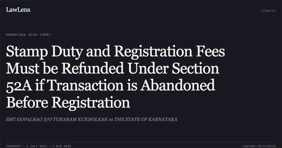Stamp Duty and Registration Fees Must be Refunded Under Section 52A if Transaction is Abandoned Before Registration. SMT GOPALRAO S/O TUKARAM KUKDOLKAR vs THE STATE OF KARNATAKA. Karnataka High Court. LawLens