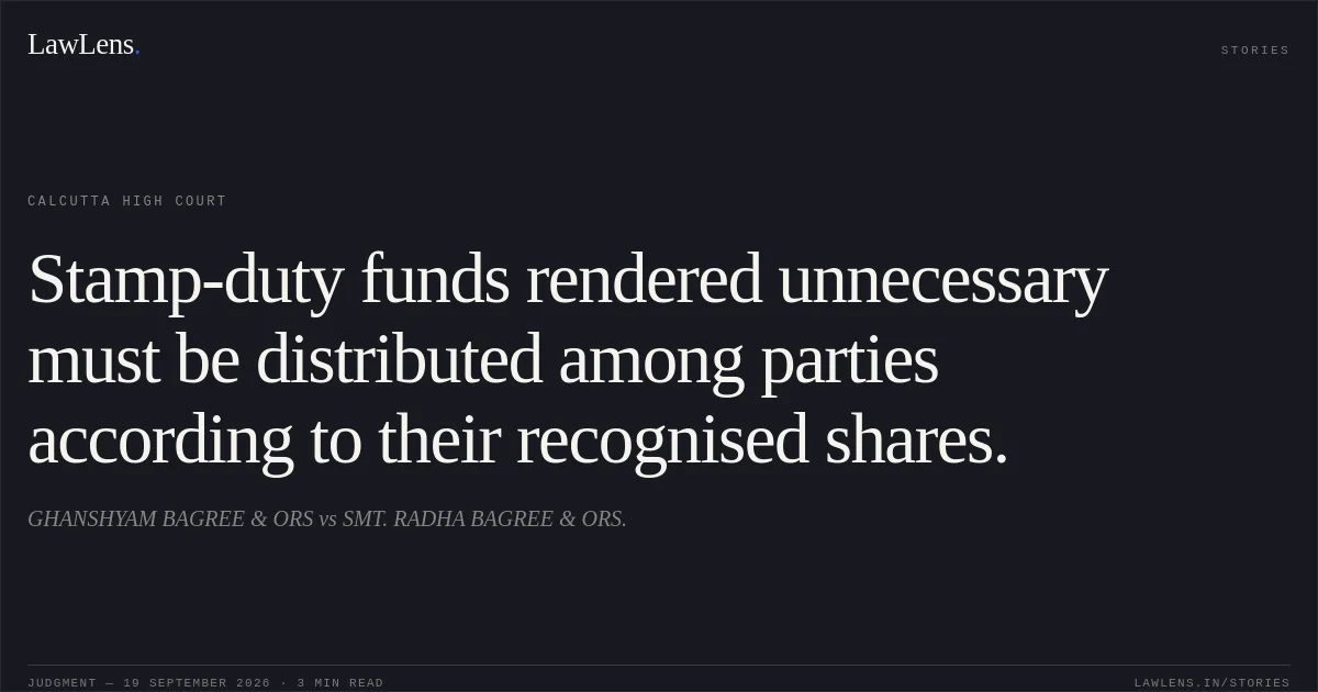 Stamp-duty funds rendered unnecessary must be distributed among parties according to their recognised shares.. GHANSHYAM BAGREE & ORS vs SMT. RADHA BAGREE & ORS.. Calcutta High Court. LawLens