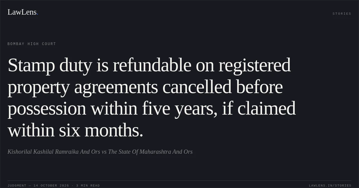Stamp duty is refundable on registered property agreements cancelled before possession within five years, if claimed within six months.. Kishorilal Kashilal Ramraika And Ors vs The State Of Maharashtra And Ors. Bombay High Court. LawLens