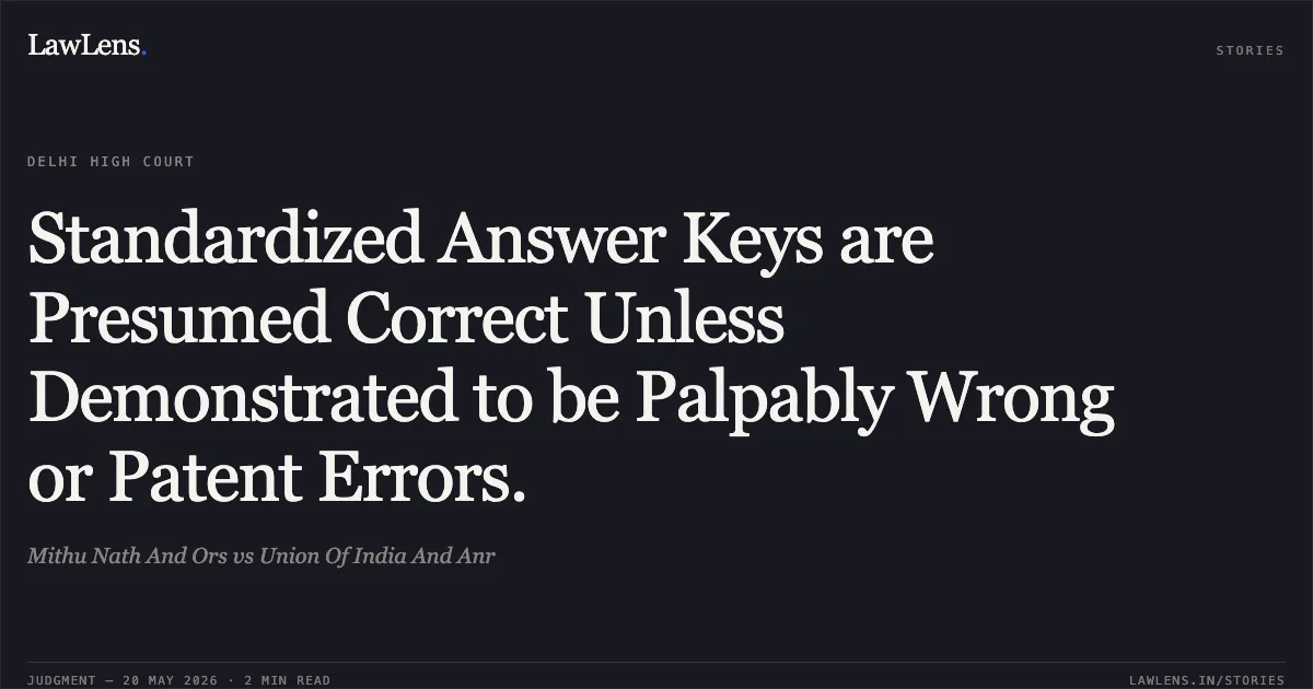 Standardized Answer Keys are Presumed Correct Unless Demonstrated to be Palpably Wrong or Patent Errors.. Mithu Nath And Ors vs Union Of India And Anr. Delhi High Court. LawLens