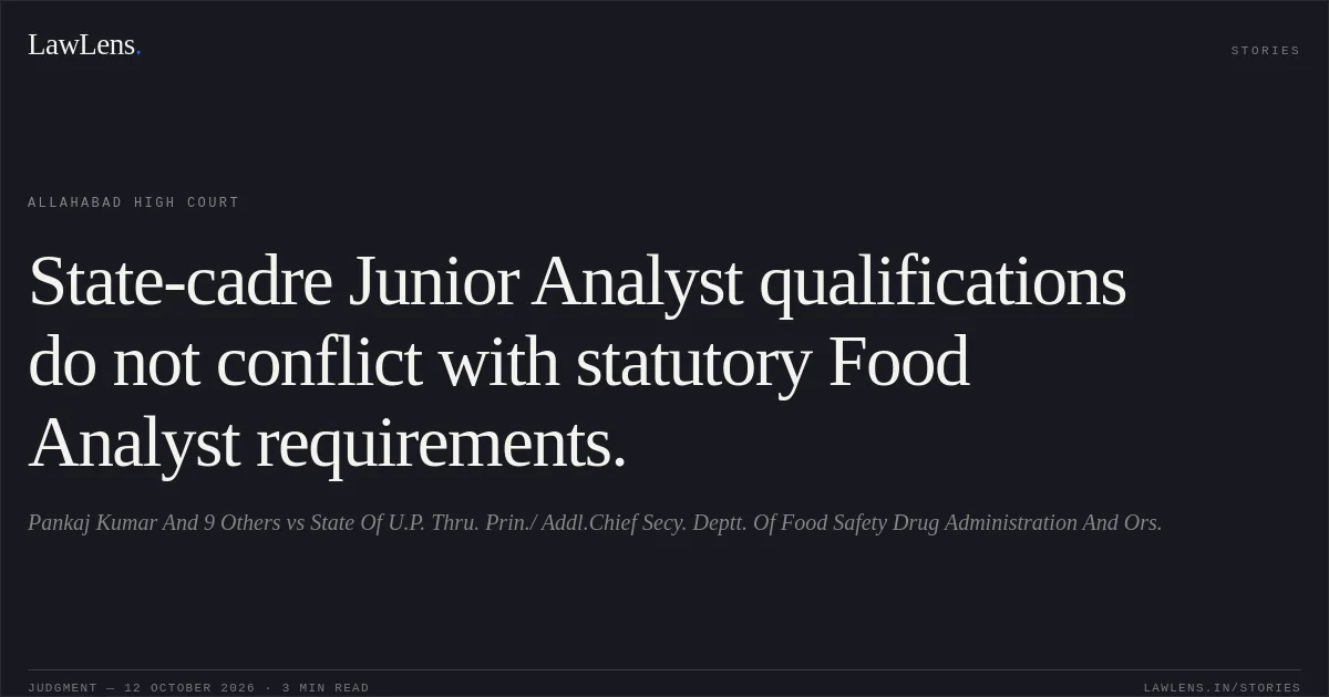 State-cadre Junior Analyst qualifications do not conflict with statutory Food Analyst requirements.. Pankaj Kumar And 9 Others vs State Of U.P. Thru. Prin./ Addl.Chief Secy. Deptt. Of Food Safety Drug Administration And Ors.. Allahabad High Court. LawLens