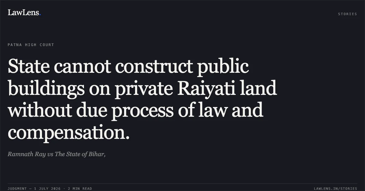 State cannot construct public buildings on private Raiyati land without due process of law and compensation.. Ramnath Ray vs The State of Bihar,. Patna High Court. LawLens