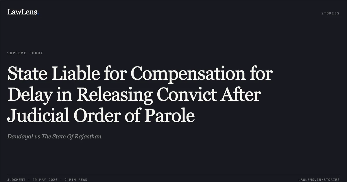 State Liable for Compensation for Delay in Releasing Convict After Judicial Order of Parole. Daudayal vs The State Of Rajasthan. Supreme Court. LawLens