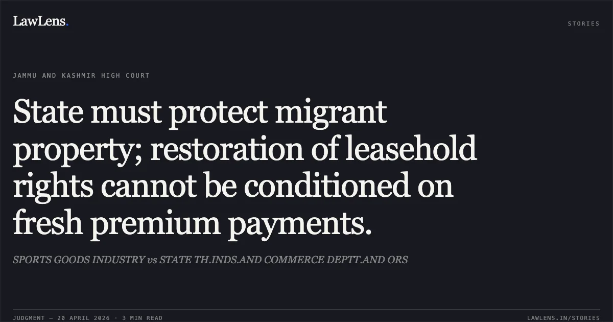 State must protect migrant property; restoration of leasehold rights cannot be conditioned on fresh premium payments.. SPORTS GOODS INDUSTRY vs STATE TH.INDS.AND COMMERCE DEPTT.AND ORS. Jammu and Kashmir High Court. LawLens