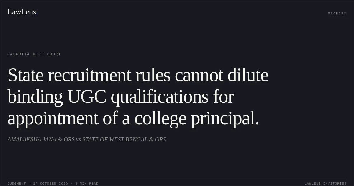 State recruitment rules cannot dilute binding UGC qualifications for appointment of a college principal.. AMALAKSHA JANA & ORS vs STATE OF WEST BENGAL & ORS. Calcutta High Court. LawLens
