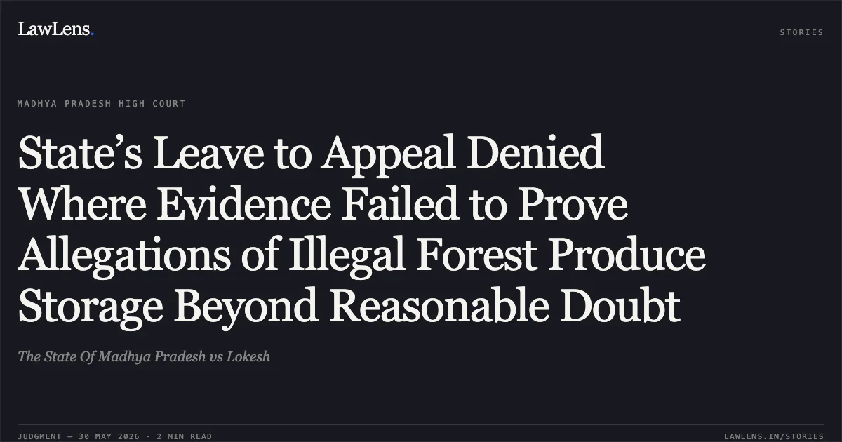 State’s Leave to Appeal Denied Where Evidence Failed to Prove Allegations of Illegal Forest Produce Storage Beyond Reasonable Doubt. The State Of Madhya Pradesh vs Lokesh. Madhya Pradesh High Court. LawLens