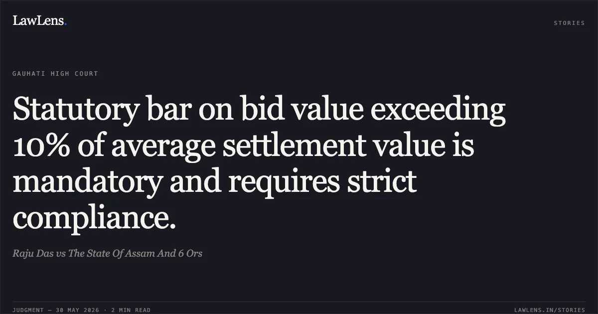 Statutory bar on bid value exceeding 10% of average settlement value is mandatory and requires strict compliance.. Raju Das vs The State Of Assam And 6 Ors. Gauhati High Court. LawLens