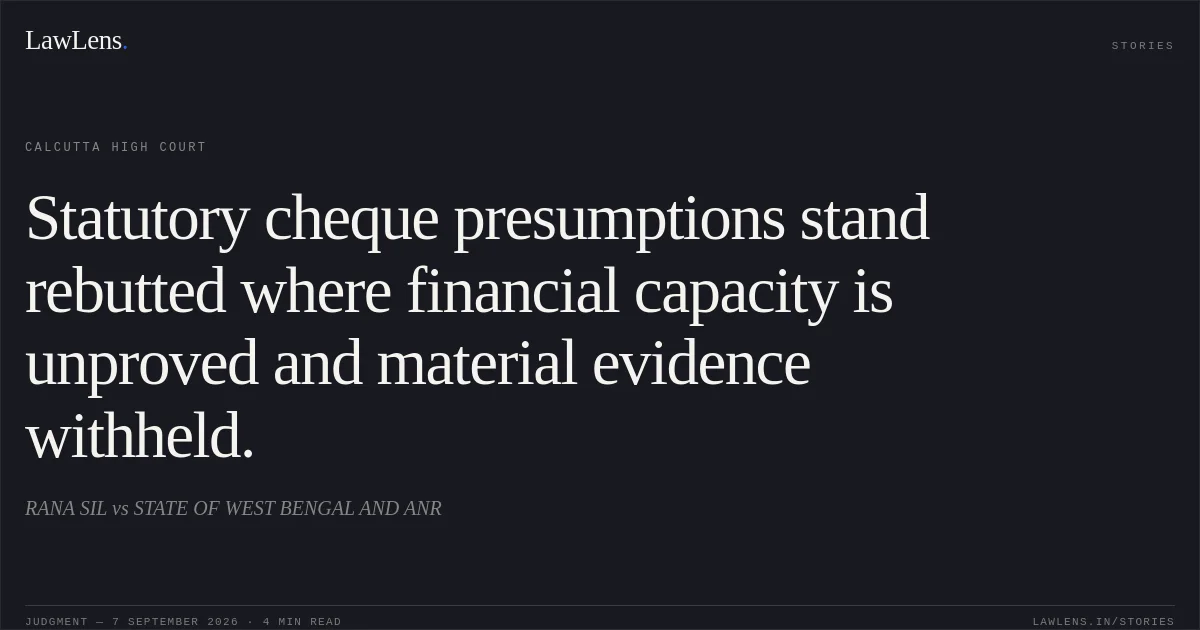 Statutory cheque presumptions stand rebutted where financial capacity is unproved and material evidence withheld.. RANA  SIL vs STATE OF WEST BENGAL AND ANR. Calcutta High Court. LawLens