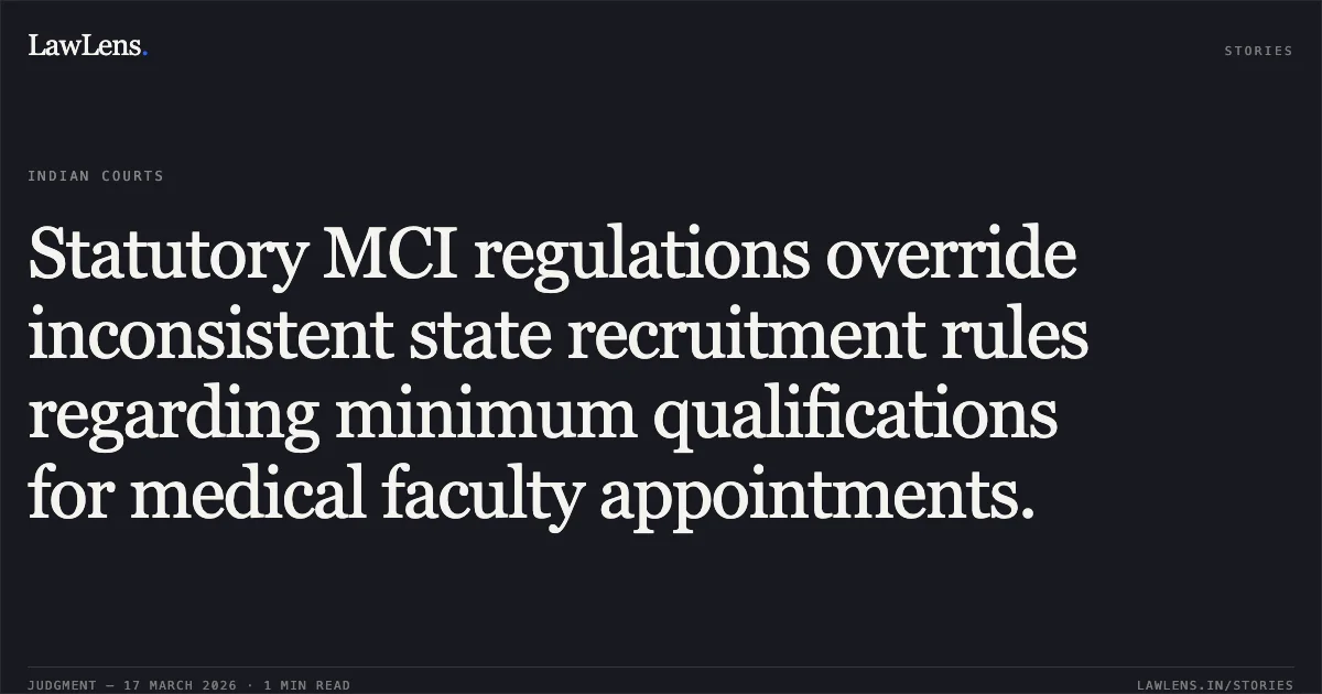 Statutory MCI regulations override inconsistent state recruitment rules regarding minimum qualifications for medical faculty appointments.. Dr Arif Viqar vs Jammu & Kashmir Police. Central Administrative Tribunal. LawLens