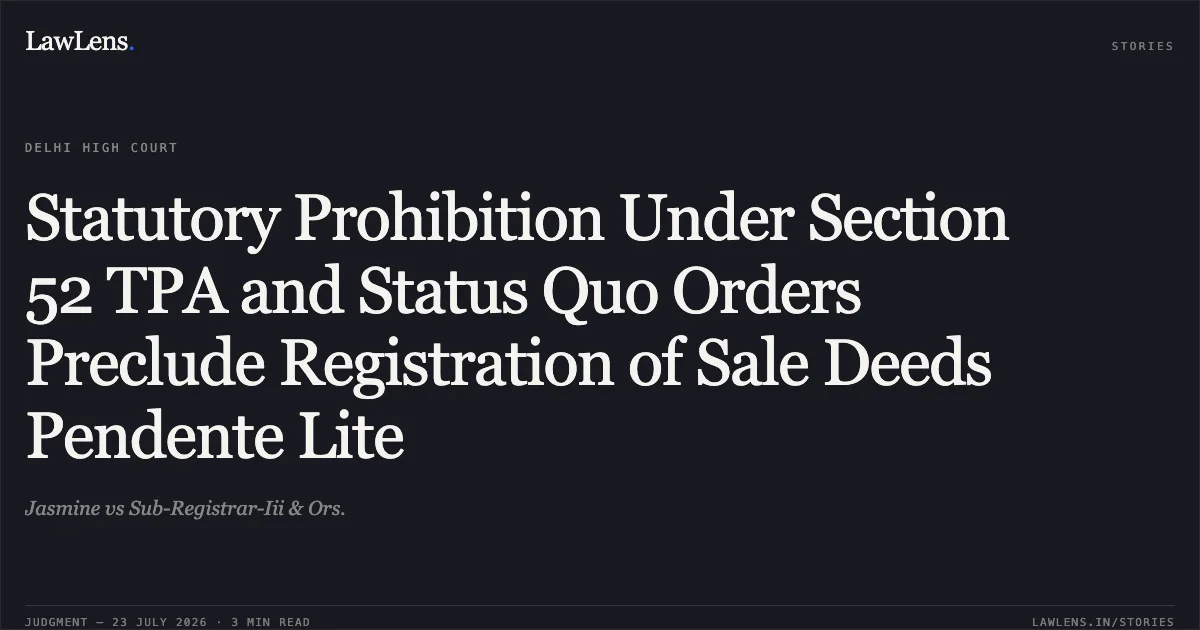 Statutory Prohibition Under Section 52 TPA and Status Quo Orders Preclude Registration of Sale Deeds Pendente Lite. Jasmine vs Sub-Registrar-Iii & Ors.. Delhi High Court. LawLens