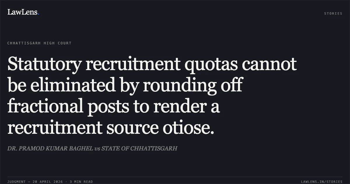 Statutory recruitment quotas cannot be eliminated by rounding off fractional posts to render a recruitment source otiose.. DR. PRAMOD KUMAR BAGHEL vs STATE OF CHHATTISGARH. Chhattisgarh High Court. LawLens