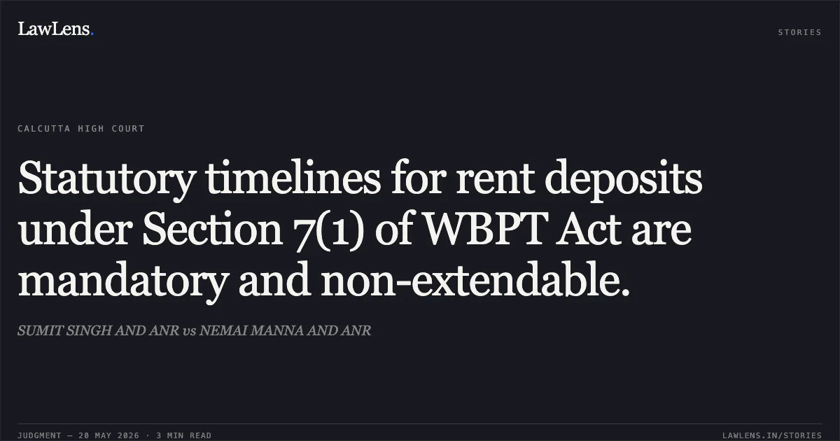 Statutory timelines for rent deposits under Section 7(1) of WBPT Act are mandatory and non-extendable.. SUMIT SINGH AND ANR vs NEMAI MANNA AND ANR. Calcutta High Court. LawLens