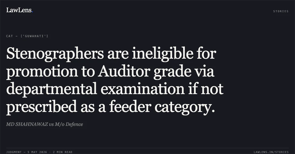 Stenographers are ineligible for promotion to Auditor grade via departmental examination if not prescribed as a feeder category.. MD SHAHNAWAZ vs M/o Defence. Central Administrative Tribunal. LawLens