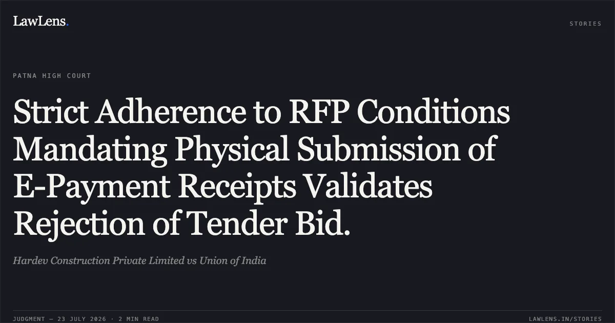 Strict Adherence to RFP Conditions Mandating Physical Submission of E-Payment Receipts Validates Rejection of Tender Bid.. Hardev Construction Private Limited vs Union of India. Patna High Court. LawLens