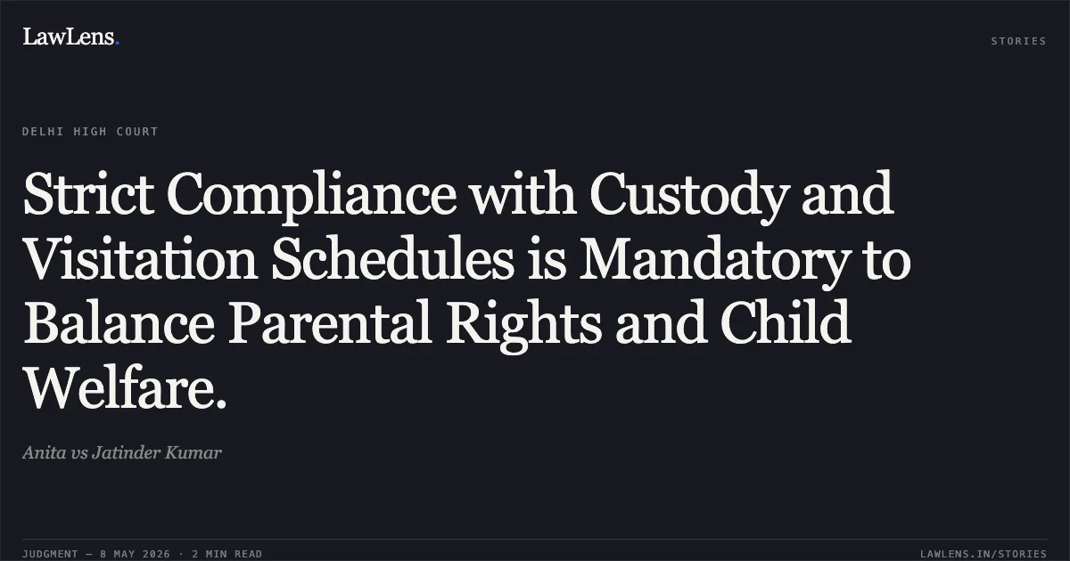 Strict Compliance with Custody and Visitation Schedules is Mandatory to Balance Parental Rights and Child Welfare.. Anita vs Jatinder Kumar. Delhi High Court. LawLens