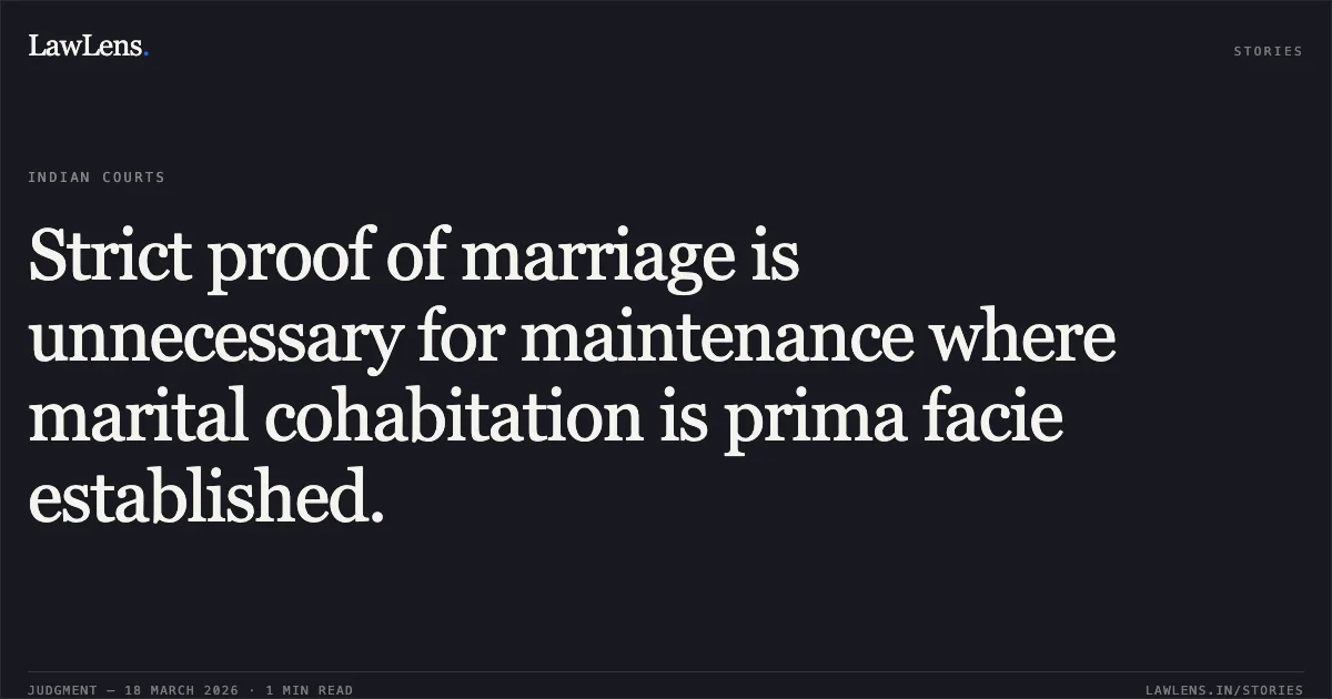 Strict proof of marriage is unnecessary for maintenance where marital cohabitation is prima facie established.. Ravindra Anvekar vs Rajkumari. Madhya Pradesh High Court. LawLens