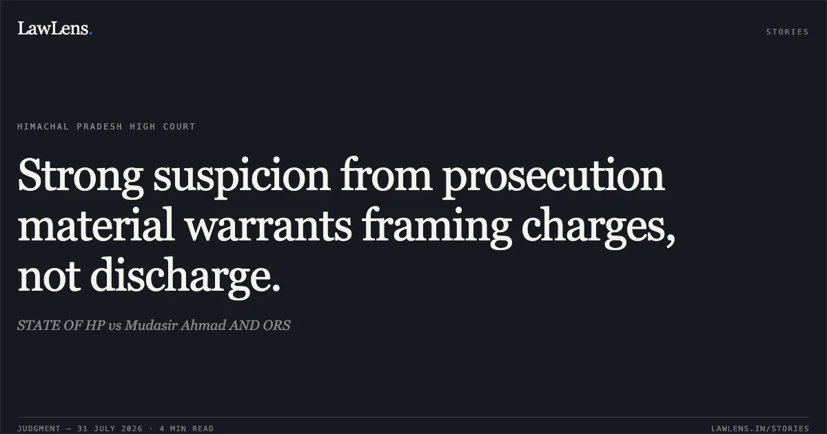 Strong suspicion from prosecution material warrants framing charges, not discharge.. STATE OF HP vs Mudasir Ahmad AND ORS. High Court of Himachal Pradesh. LawLens