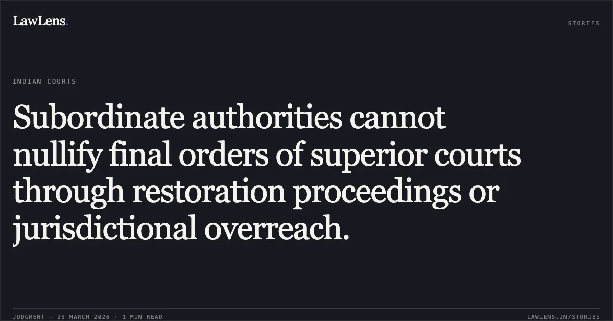 Subordinate authorities cannot nullify final orders of superior courts through restoration proceedings or jurisdictional overreach.. Rajesh Goyal vs M/S Laxmi Construction. Supreme Court. LawLens