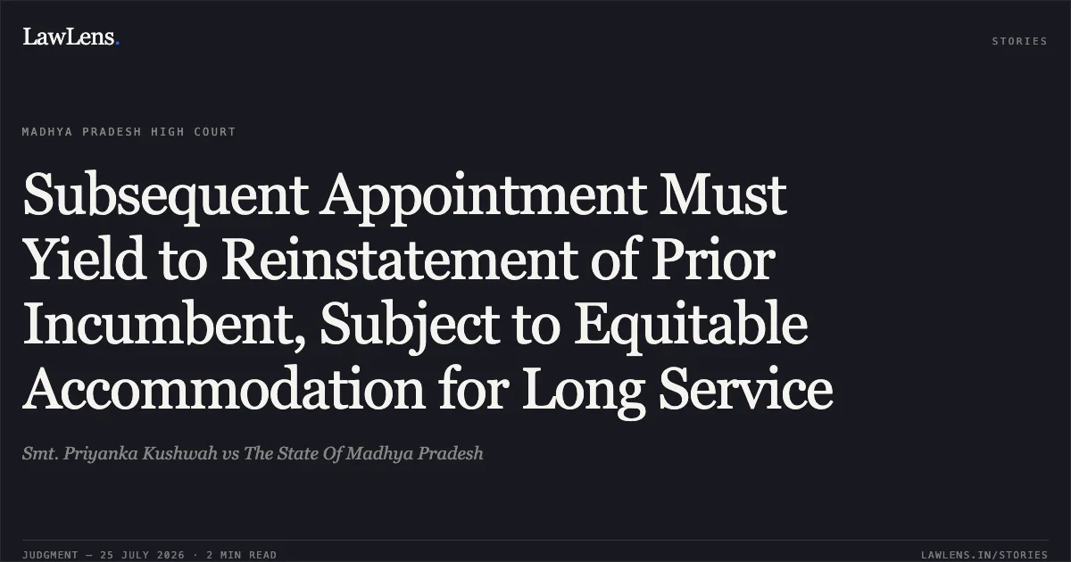 Subsequent Appointment Must Yield to Reinstatement of Prior Incumbent, Subject to Equitable Accommodation for Long Service. Smt. Priyanka Kushwah vs The State Of Madhya Pradesh. Madhya Pradesh High Court. LawLens