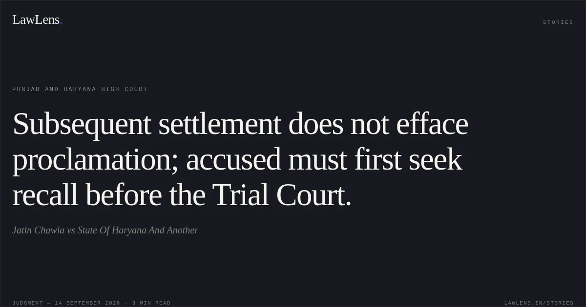 Subsequent settlement does not efface proclamation; accused must first seek recall before the Trial Court.. Jatin Chawla vs State Of Haryana And Another. Punjab and Haryana High Court. LawLens