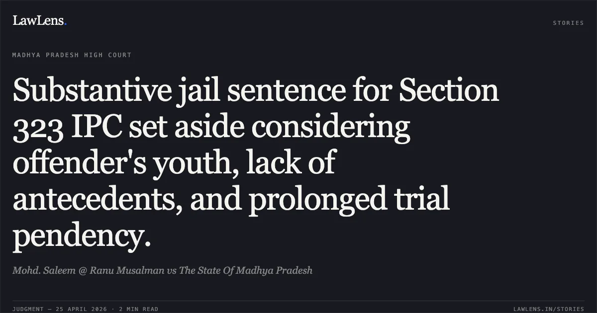 Substantive jail sentence for Section 323 IPC set aside considering offender's youth, lack of antecedents, and prolonged trial pendency.. Mohd. Saleem @ Ranu Musalman vs The State Of Madhya Pradesh. Madhya Pradesh High Court. LawLens