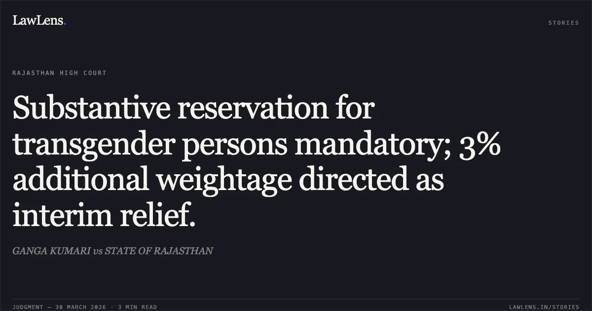 Substantive reservation for transgender persons mandatory; 3% additional weightage directed as interim relief.. GANGA KUMARI vs STATE OF RAJASTHAN. Rajasthan High Court. LawLens
