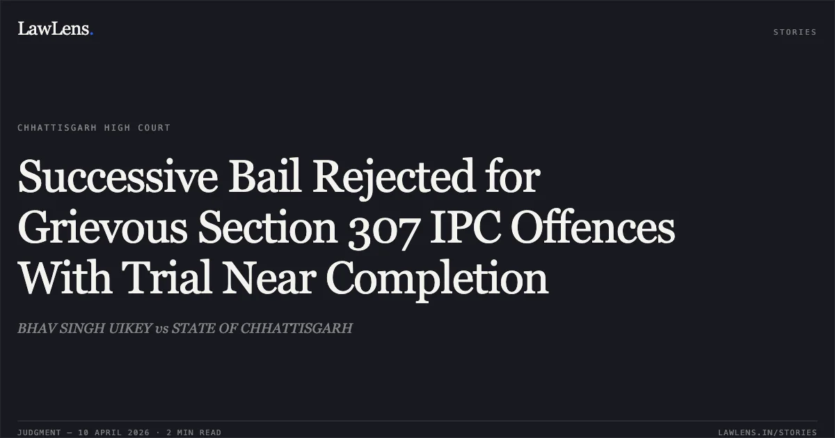 Successive Bail Rejected for Grievous Section 307 IPC Offences With Trial Near Completion. BHAV SINGH UIKEY vs STATE OF CHHATTISGARH. Chhattisgarh High Court. LawLens