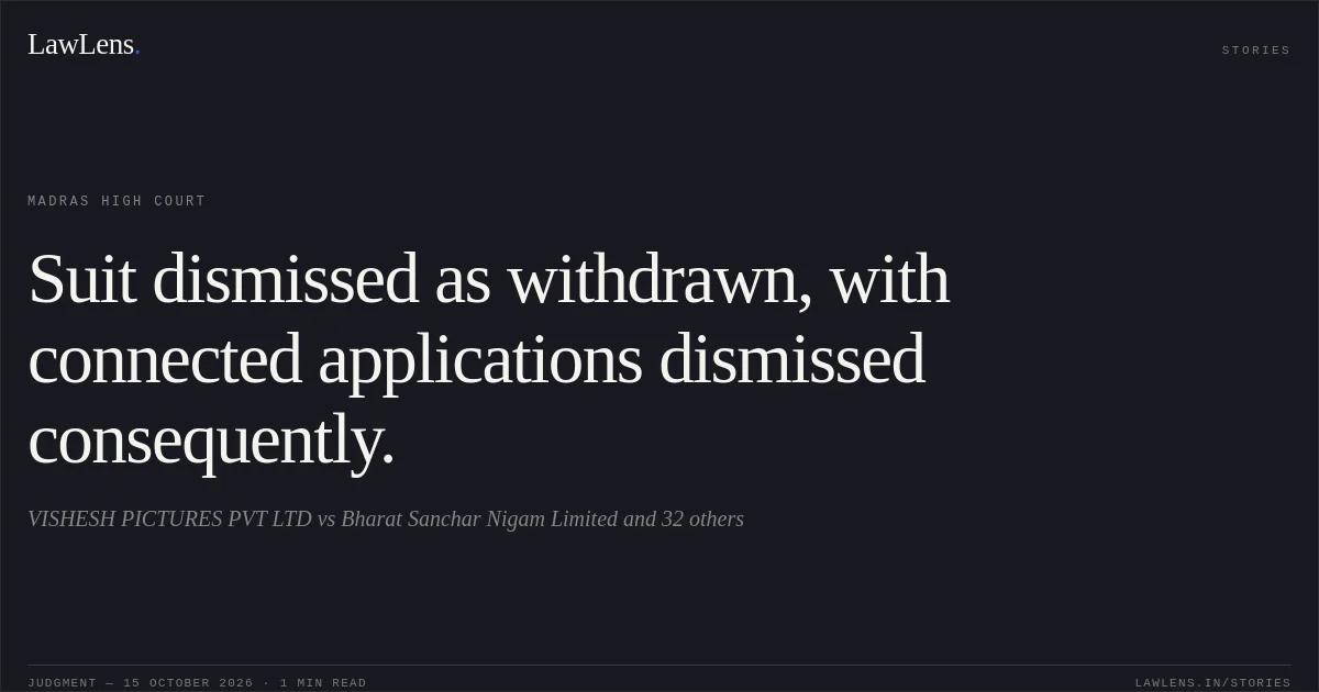 Suit dismissed as withdrawn, with connected applications dismissed consequently.. VISHESH PICTURES PVT LTD vs Bharat Sanchar Nigam Limited and 32 others. Madras High Court. LawLens
