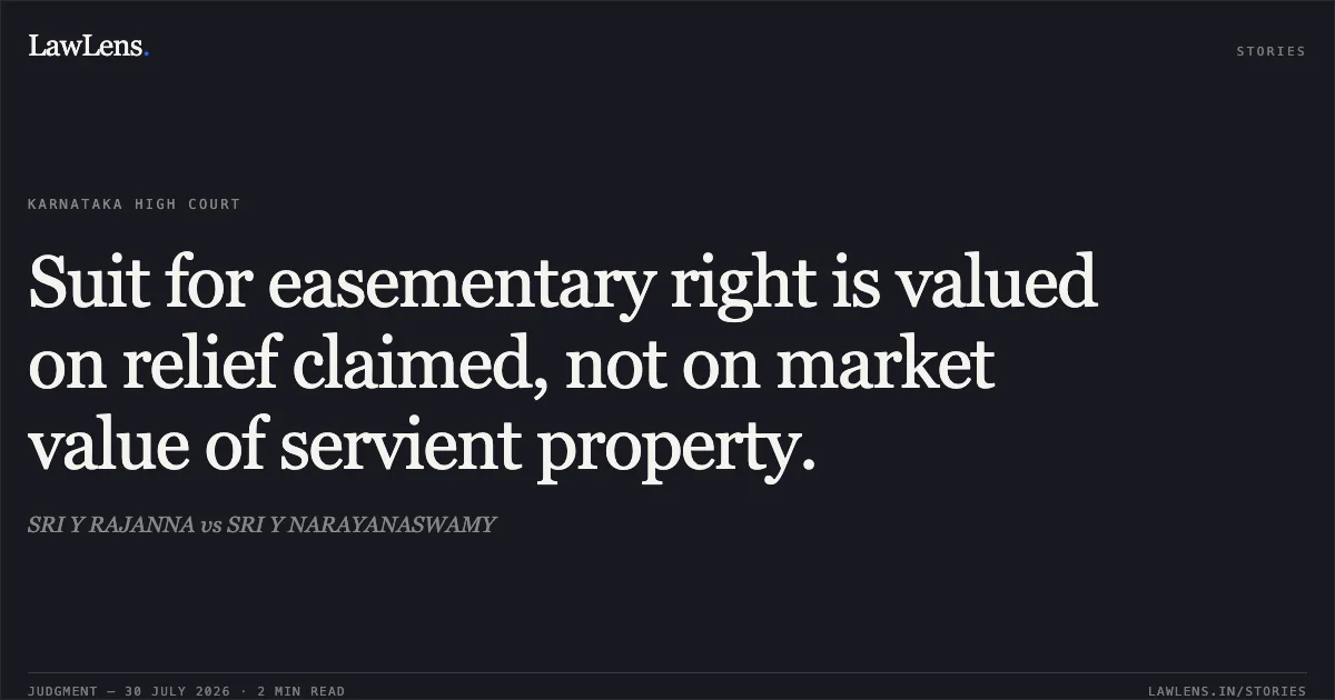 Suit for easementary right is valued on relief claimed, not on market value of servient property.. SRI Y RAJANNA vs SRI Y NARAYANASWAMY. Karnataka High Court. LawLens