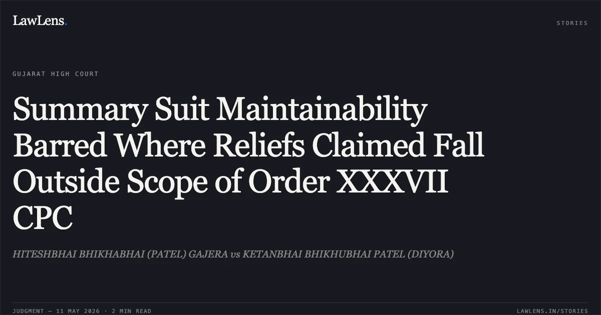 Summary Suit Maintainability Barred Where Reliefs Claimed Fall Outside Scope of Order XXXVII CPC. HITESHBHAI BHIKHABHAI (PATEL) GAJERA vs KETANBHAI BHIKHUBHAI PATEL (DIYORA). Gujarat High Court. LawLens