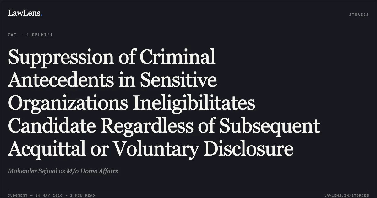Suppression of Criminal Antecedents in Sensitive Organizations Ineligibilitates Candidate Regardless of Subsequent Acquittal or Voluntary Disclosure. Mahender Sejwal vs M/o Home Affairs. Central Administrative Tribunal. LawLens