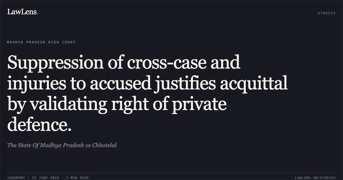 Suppression of cross-case and injuries to accused justifies acquittal by validating right of private defence.. The State Of Madhya Pradesh vs Chhotelal. Madhya Pradesh High Court. LawLens