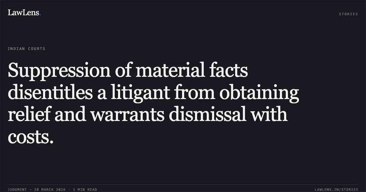 Suppression of material facts disentitles a litigant from obtaining relief and warrants dismissal with costs.. Smt Geeta Bai (Dead) Through Lrs Smt. Soram Bai vs Pratik Grih Nirman Sahakri Samitee Mryadit Bhopal. Madhya Pradesh High Court. LawLens