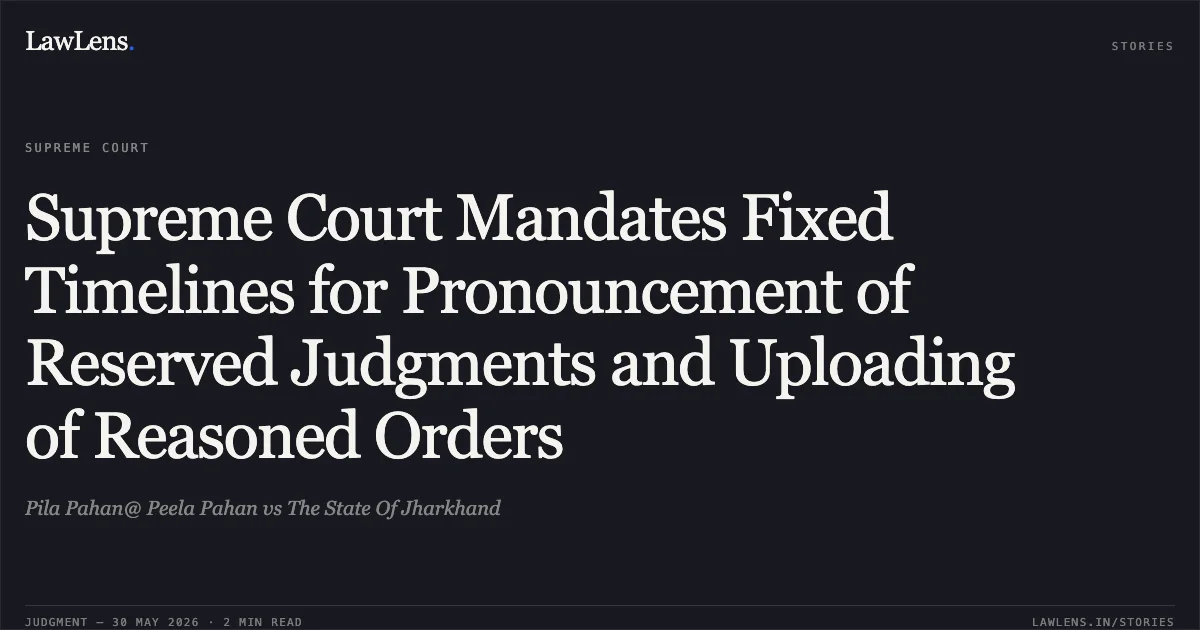 Supreme Court Mandates Fixed Timelines for Pronouncement of Reserved Judgments and Uploading of Reasoned Orders. Pila Pahan@ Peela Pahan vs The State Of Jharkhand. Supreme Court. LawLens