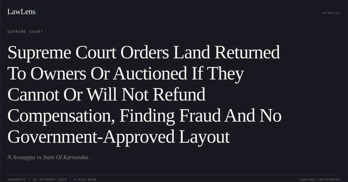Supreme Court Orders Land Returned To Owners Or Auctioned If They Cannot Or Will Not Refund Compensation, Finding Fraud And No Government-Approved Layout. N.Arasappa vs State Of Karnataka .. Supreme Court. LawLens