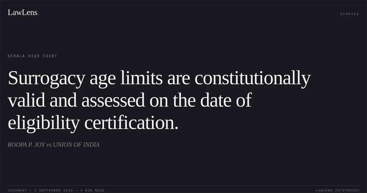 Surrogacy age limits are constitutionally valid and assessed on the date of eligibility certification.. ROOPA P. JOY vs UNION OF INDIA. Kerala High Court. LawLens