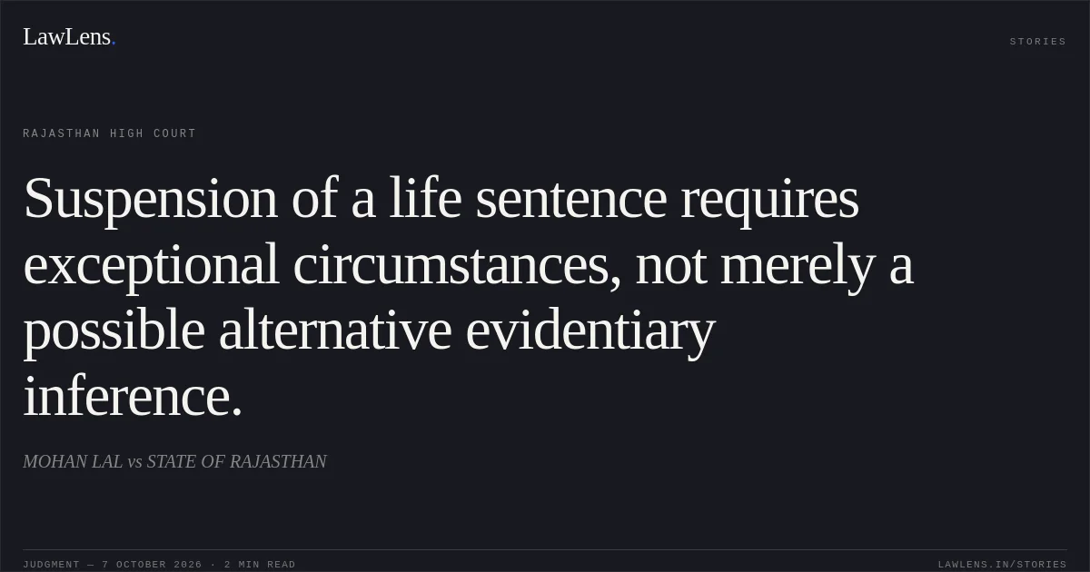Suspension of a life sentence requires exceptional circumstances, not merely a possible alternative evidentiary inference.. MOHAN LAL vs STATE OF RAJASTHAN. Rajasthan High Court. LawLens