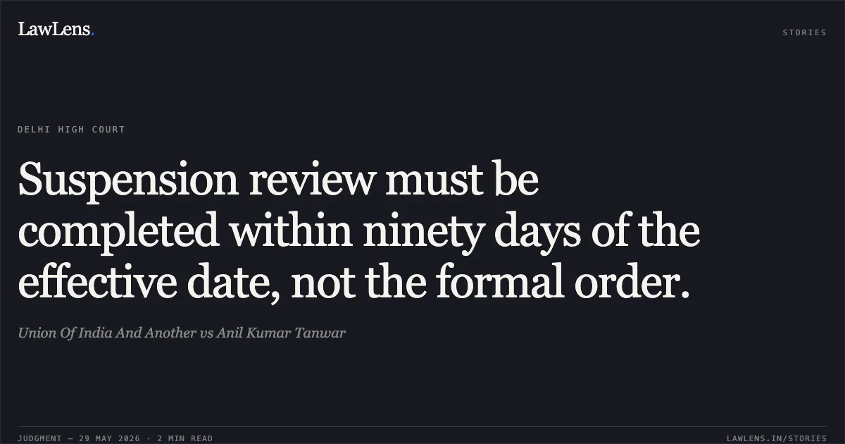 Suspension review must be completed within ninety days of the effective date, not the formal order.. Union Of India And Another vs Anil Kumar Tanwar. Delhi High Court. LawLens