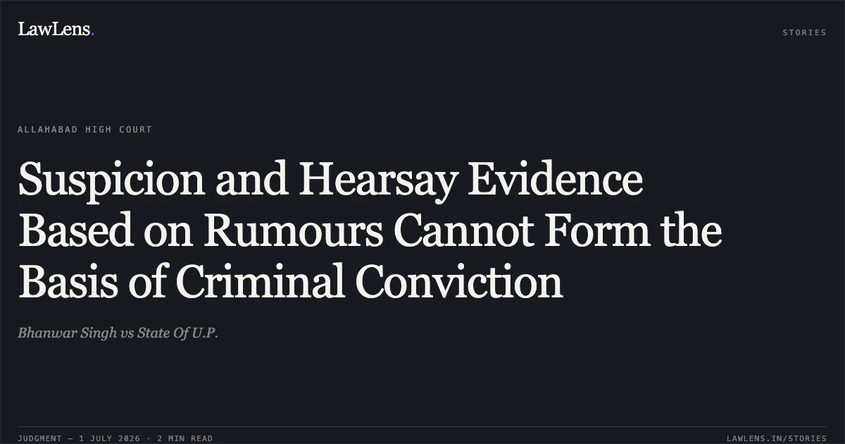 Suspicion and Hearsay Evidence Based on Rumours Cannot Form the Basis of Criminal Conviction. Bhanwar Singh vs State Of U.P.. Allahabad High Court. LawLens