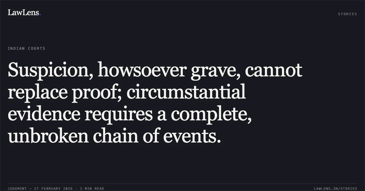 Suspicion, howsoever grave, cannot replace proof; circumstantial evidence requires a complete, unbroken chain of events.. Prakash Singh v. State of Uttarakhand [Criminal Appeal Nos. 357, 383, 386, and 387 of 2025]. High Court of Uttarakhand at Nainital. LawLens