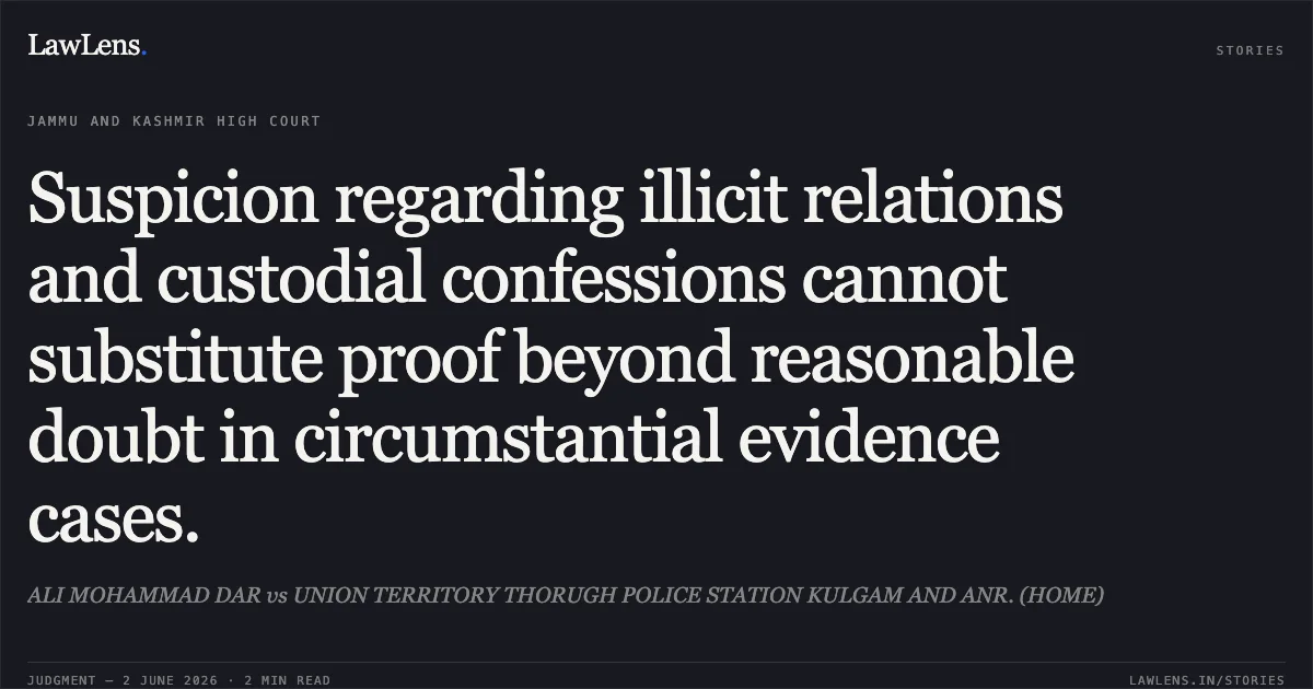 Suspicion regarding illicit relations and custodial confessions cannot substitute proof beyond reasonable doubt in circumstantial evidence cases.. ALI MOHAMMAD DAR vs UNION TERRITORY THORUGH POLICE STATION KULGAM AND ANR. (HOME). Jammu and Kashmir High Court. LawLens