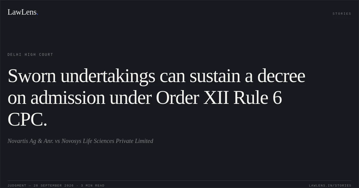 Sworn undertakings can sustain a decree on admission under Order XII Rule 6 CPC.. Novartis Ag & Anr. vs Novosys Life Sciences Private Limited. Delhi High Court. LawLens